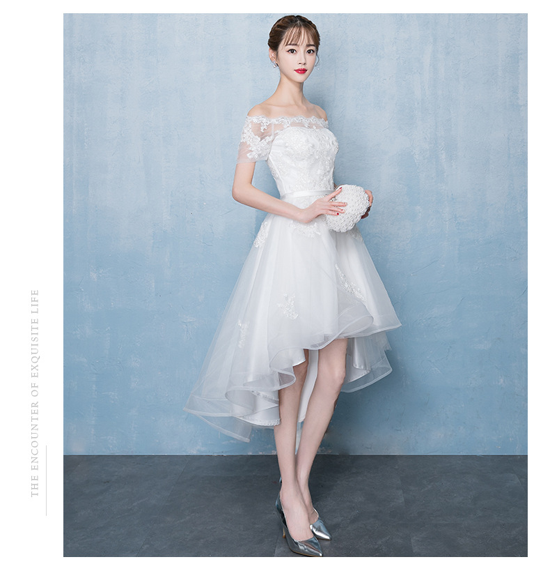 พร้อมเช่า ชุดแต่งงาน มินิมอล ชุดหมั้น ลูกไม้ ทรงปาดไหล่ หน้าสั้น หลังยาว ชุดพรีเวดดิ้ง