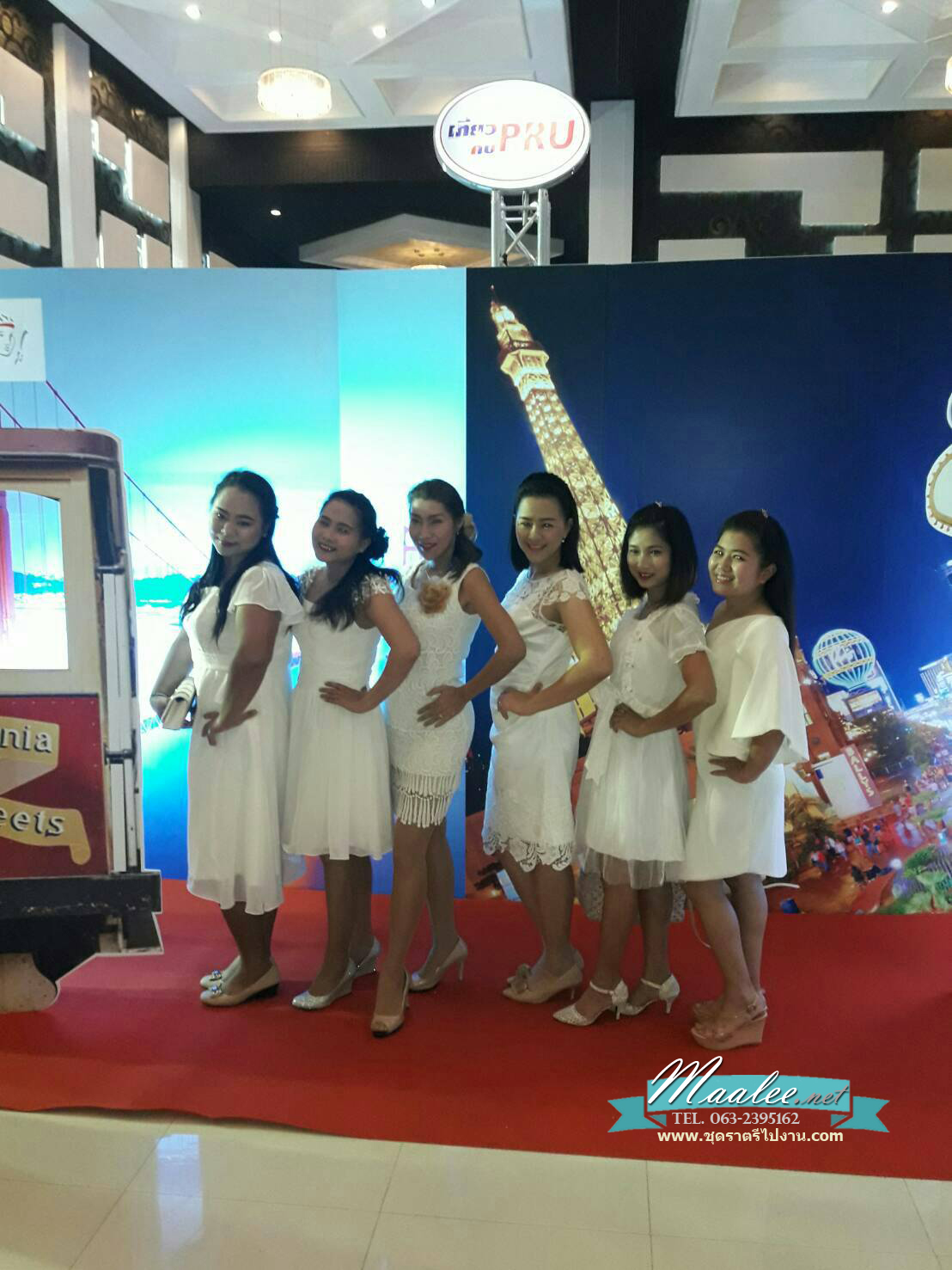 พร้อมเช่า ชุดราตรี สีขาว แขนสั้น ลูกไม้ฉลุ กระโปรงผ้าชีฟอง 2XL- 6XL (เชือกผูกหลัง)