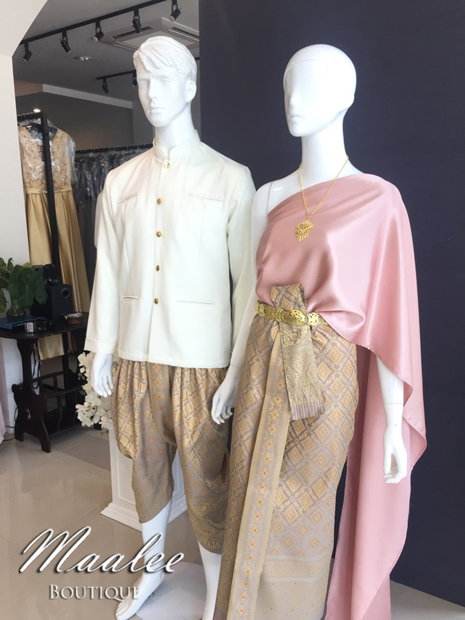 เช่า ชุดไทย ชุดเพื่อนเจ้าสาว ชุดไทยผ้าถุงทอง สไบเรียบ สีโรสโกล