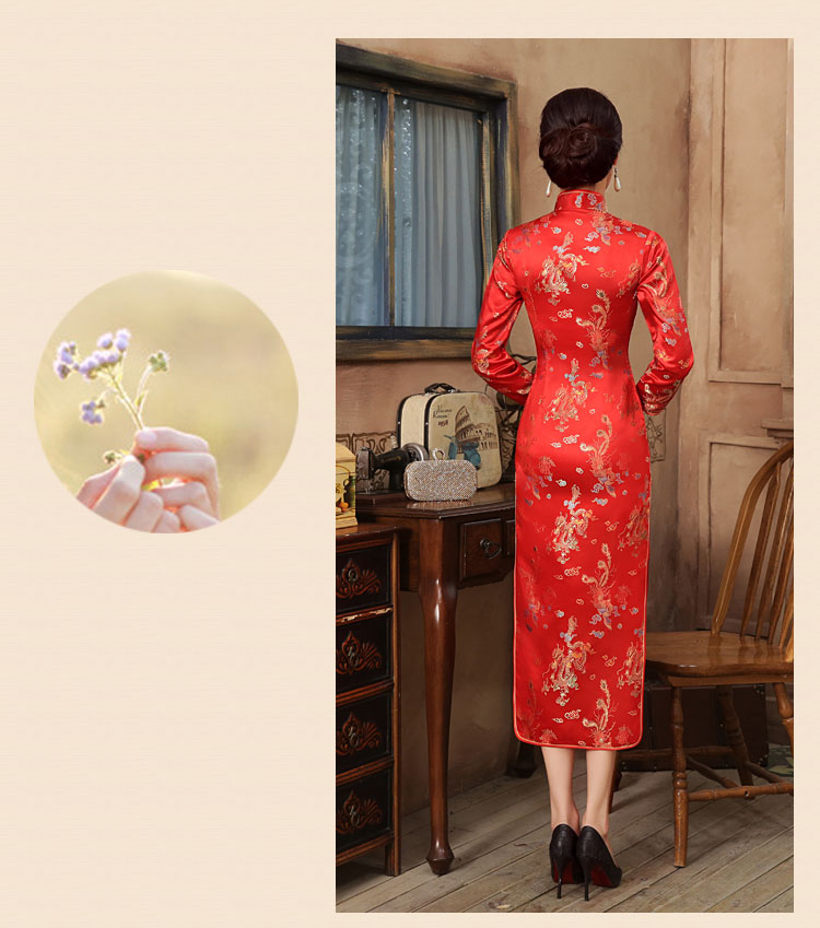 Preorder กี่เพ้า ผ้าไหมจีน สีแดง แขนยาว ลายมังกร ตัดเย็บอย่างดี