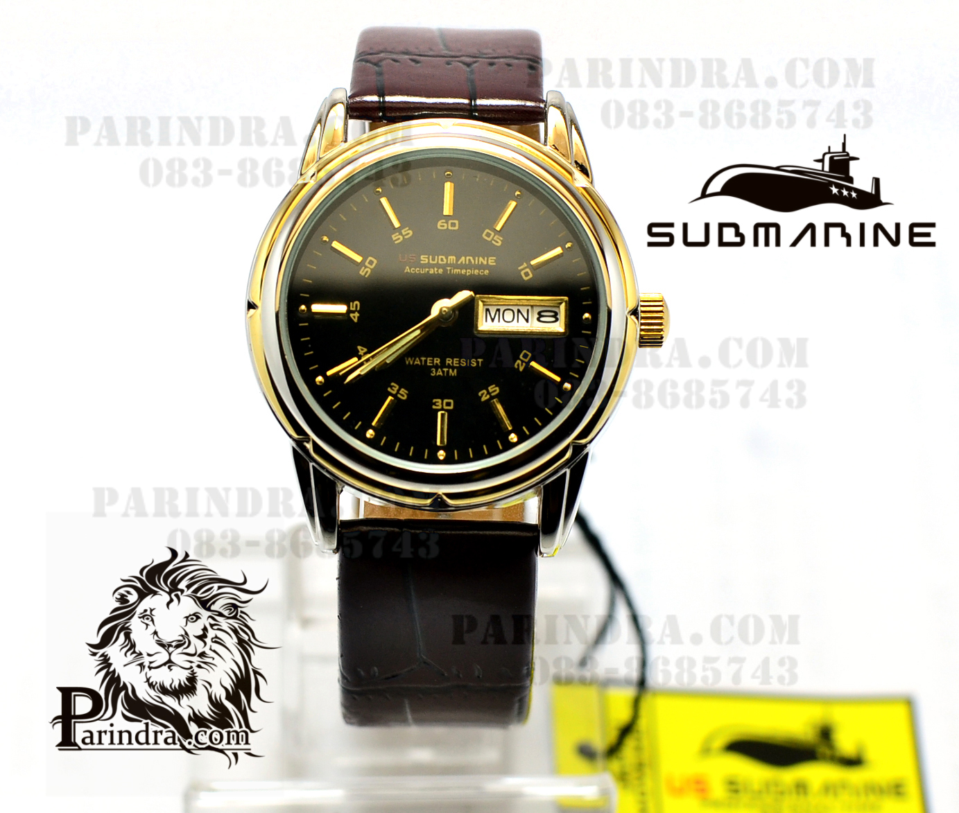 นาฬิกา US submarine สายหนัง หน้าปัดสีดำขอบทอง