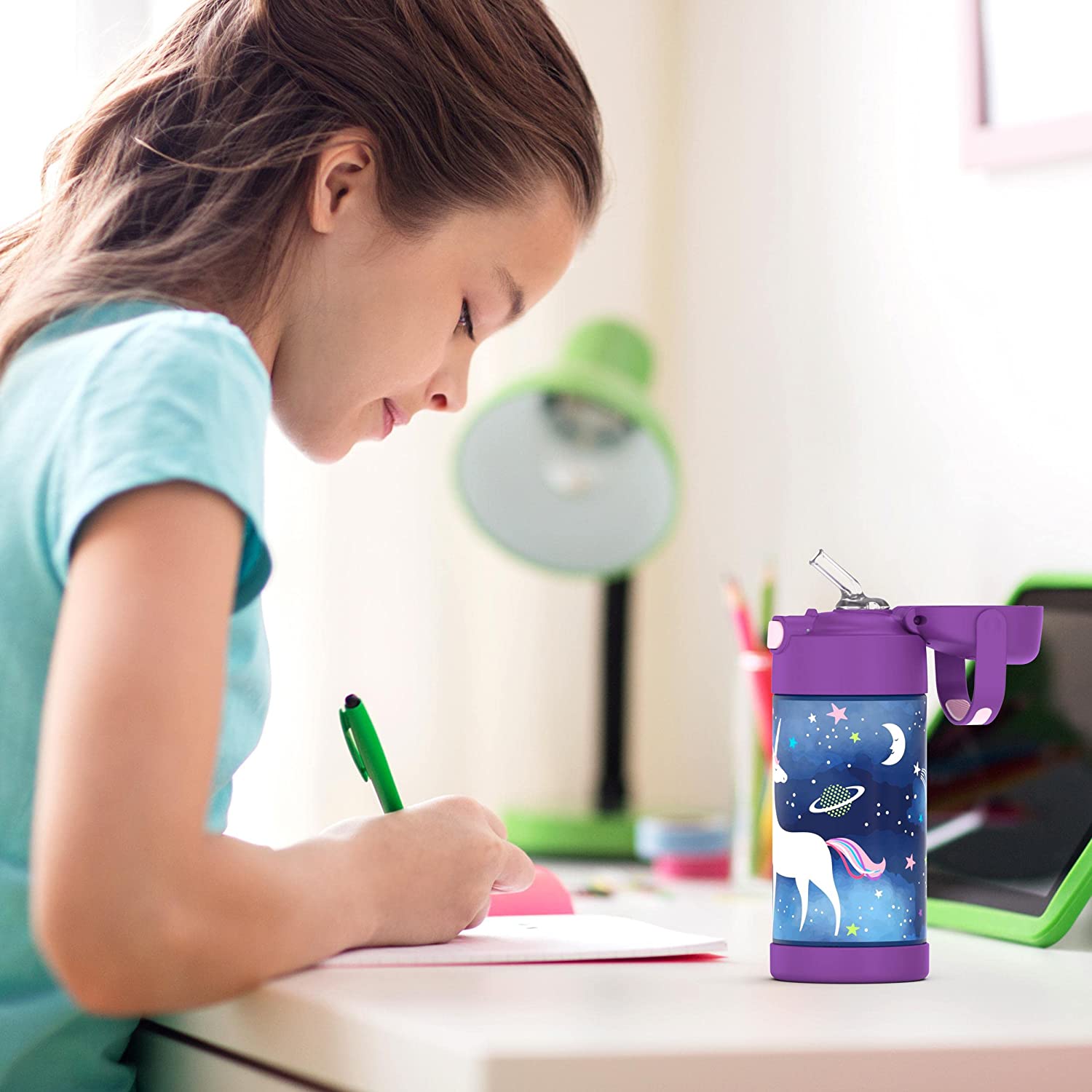 กระติกดูดน้ำแตนเลสหุ้มฉนวนสุญญากาศยี่ห้อ Thermos ของแท้ขนาด 12 ออนซ์ ลาย Space Unicorn