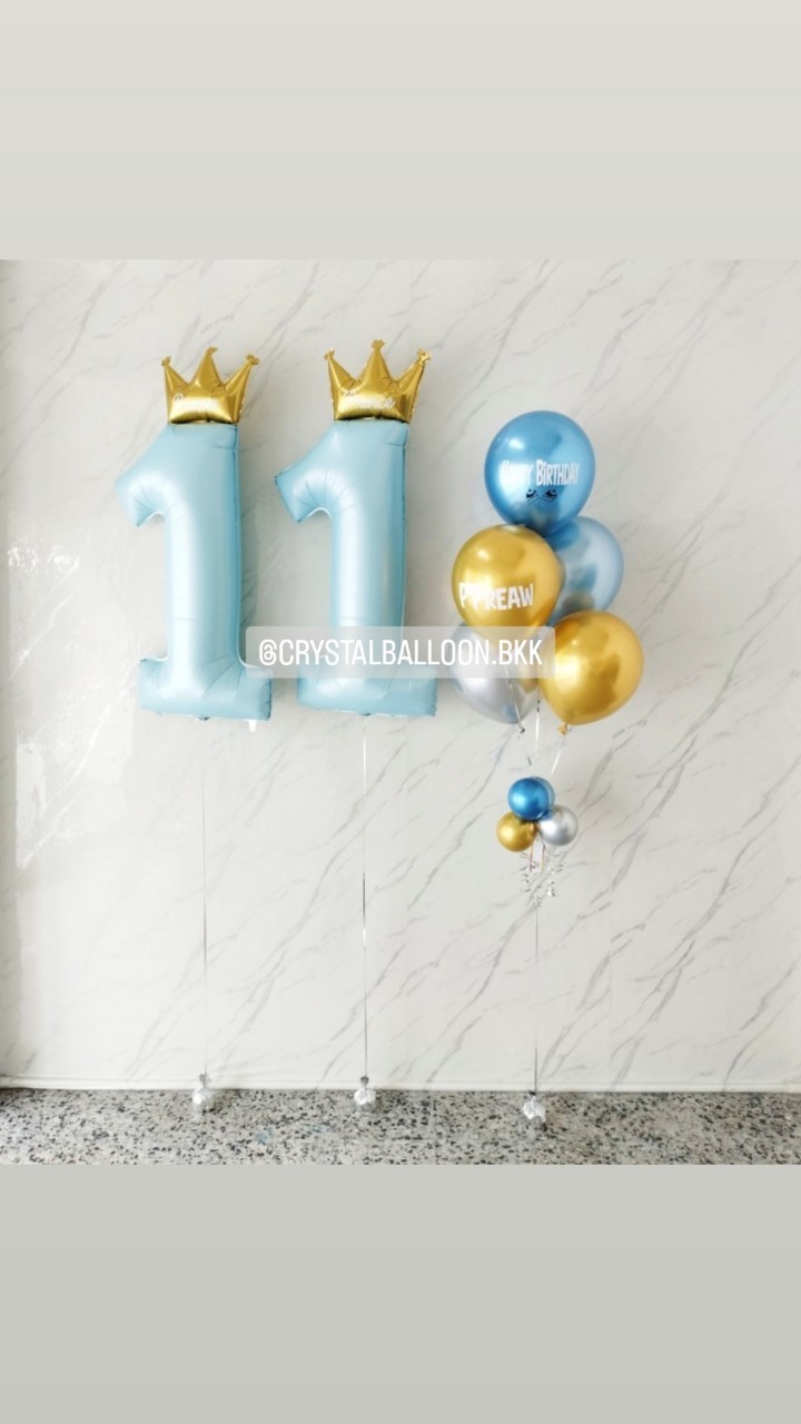 ลูกโป่ง วันเกิดเด็ก ฟอยล์ตัวเลข ขนาด 40" สีฟ้ามงกุฏ 2 ชิ้น พร้อม ช่อลูกโป่งสีโครเมี่ยม ช่อ 5 ลูก 1 ช่อ พร้อมตกแต่ง สามารถเปลี่ยนสีลูกโป่ง/เปลี่ยนข้อความ/เปลี่ยนสี-ฟอยล์ตัวเลขได้