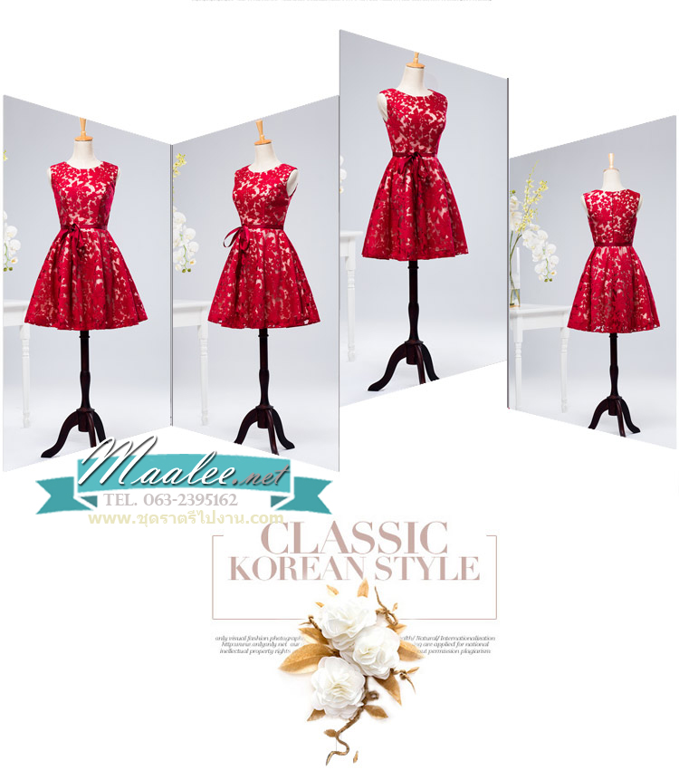 พร้อมเช่า ชุดราตรีสั้น แขนกุด สไตล์สวยหวาน 3มิติ กระโปรงพองนิดๆ สีไวน์แดง (ซิปหลัง)