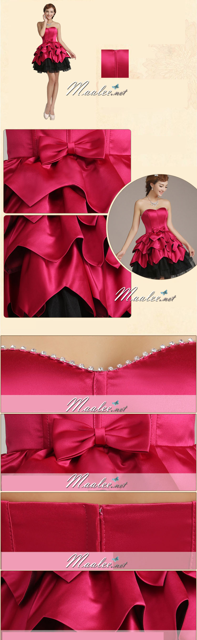 พร้อมเช่า ชุดแฟนซี ชุดราตรีสั้น เกาะอก แต่งเพชรช่วงอก กระโปรงทรงบอลลูน สีชมพู ดำ