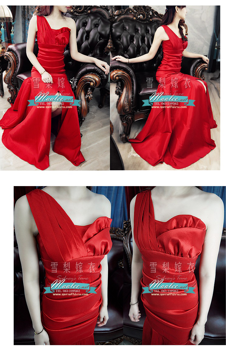 พร้อมเช่า ชุดราตรียาว เกาะอก ไหล่เดียว ทรงหางปลา ผ้าแพรยืดตามตัว แหวกหน้าขา สีแดง
