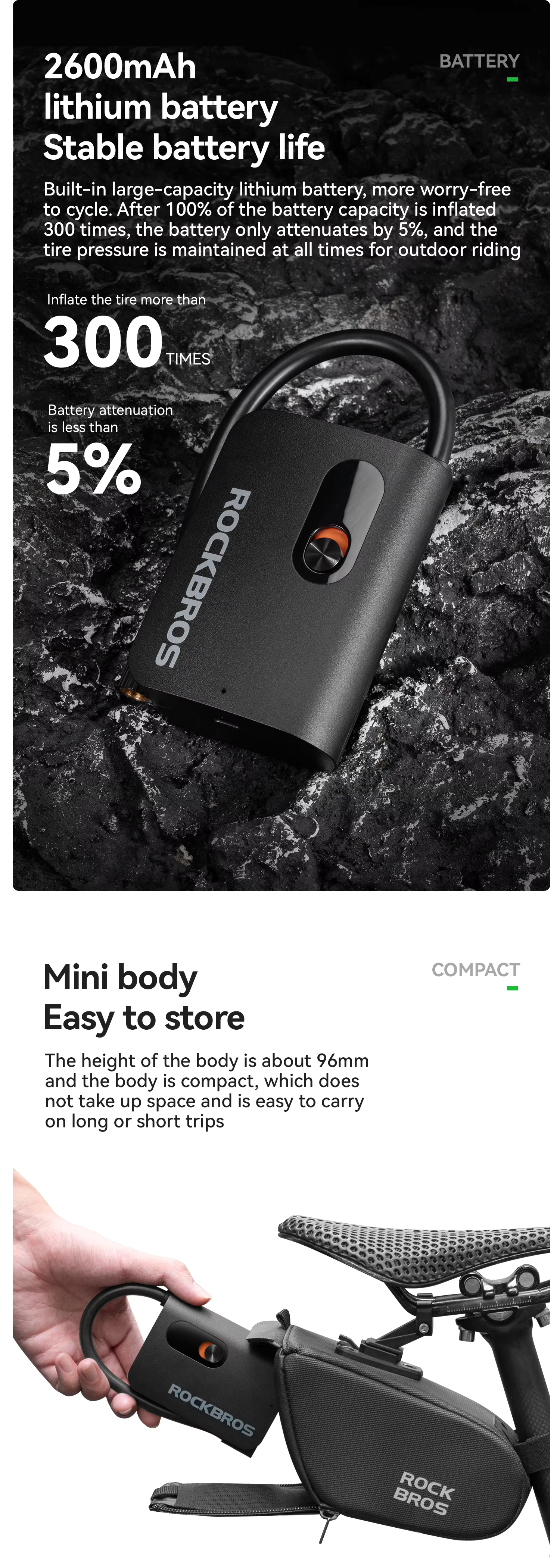 ปั๊มลมไฟฟ้า ROCKBROS Mini Pump แบบพกพา ชาร์จ USB-C ความดันสูง 150 PSI พร้อมหน้าจอดิจิทัล – สำหรับจักรยาน รถยนต์ ลูกบอล