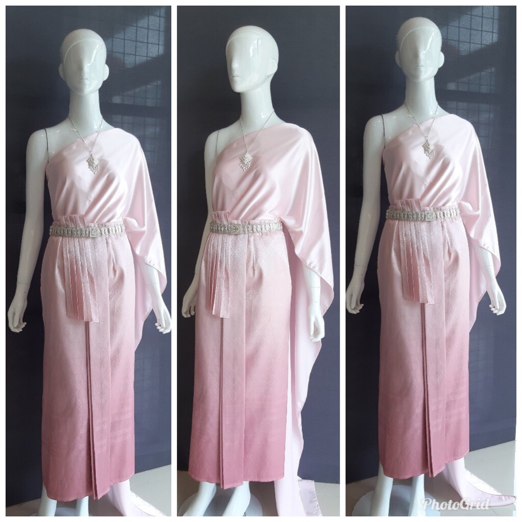 เช่า ชุดไทย ชุดเพื่อนเจ้าสาว ชุดไทยผ้าถุงสีชมพูไล่สี สไบเรียบ สีครีมงาช้าง