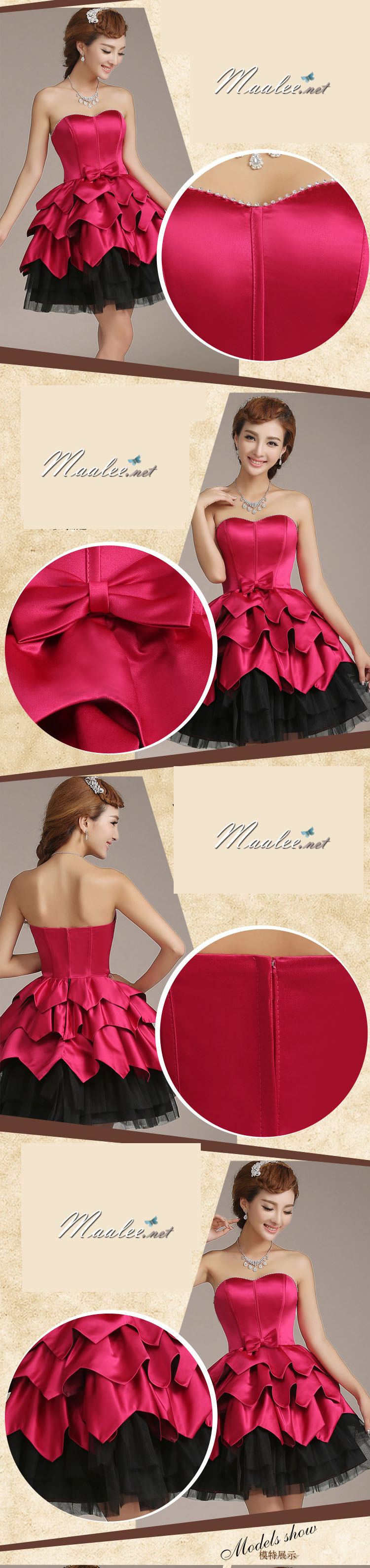 พร้อมเช่า ชุดแฟนซี ชุดราตรีสั้น เกาะอก แต่งเพชรช่วงอก กระโปรงทรงบอลลูน สีชมพู ดำ