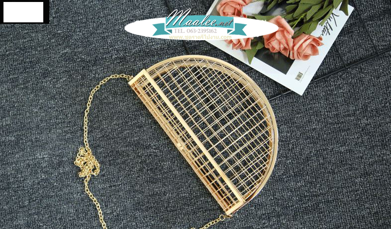 พร้อมส่ง Evening Clutch กระเป๋าออกงาน สีทอง แบบโปร่งลายตาราง ใส่ของได้เยอะ พร้อมสายโซ่