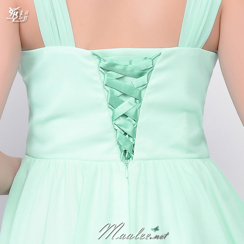 พร้อมส่ง ชุดราตรีสั้น ชุดเพื่อนเจ้าสาว สีเขียวมิ้นต์ ผ้าชีฟอง แบบ C เกาะอก จับจีบช่วงอก เอวแต่งคริสตัล (เชือกผูกด้านหลัง)