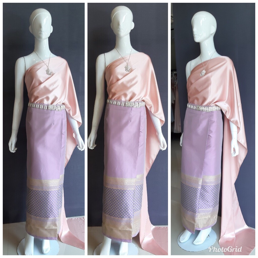 เช่า ชุดไทย ชุดเพื่อนเจ้าสาว ชุดไทยผ้าซิ่นสีเทาชมพู สไบเรียบโรสโกล