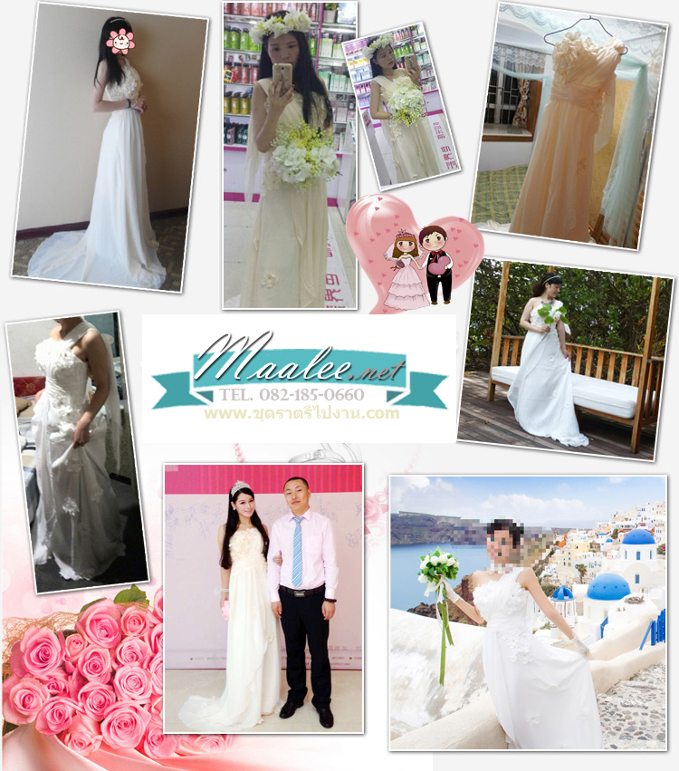 พร้อมเช่า ชุดราตรียาว แบบไหล่เดียวทิ้งชายด้านหลัง ผ้าชีฟอง สไตล์กรีก แต่งเกสรดอกไม้ สีครีม Champagne สีครีม Champagne