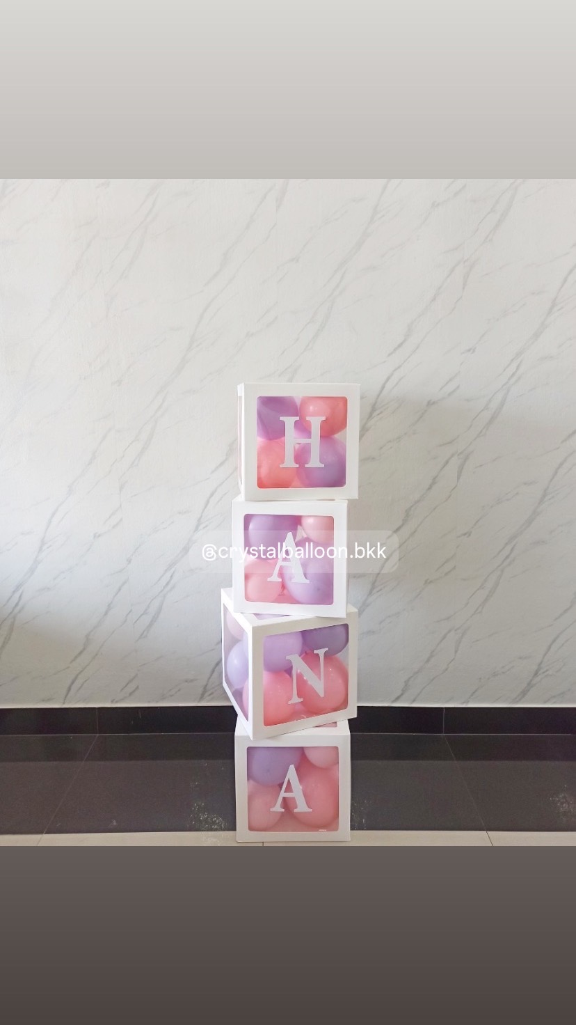 ลูกโป่ง Welcome Baby กล่องใส ขนาด 12" ติดตัวอักษร 4 กล่อง Theme ม่วง-ชมพู พร้อมตกแต่ง สามารถเปลี่ยนสีลูกโป่ง/เปลี่ยนข้อความได้