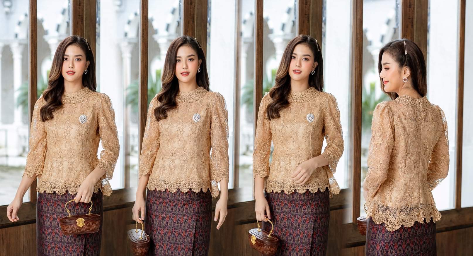 Pro-order ชุดเช่า ชุดไทยคุณแม่ เสื้อลูกไม้สีทอง คอปีน ผ้าซิ่น แยกชิ้น เรียบหรู **สามารถเลือกเปลี่ยนกระโปรงแบบที่ต้องการได้**