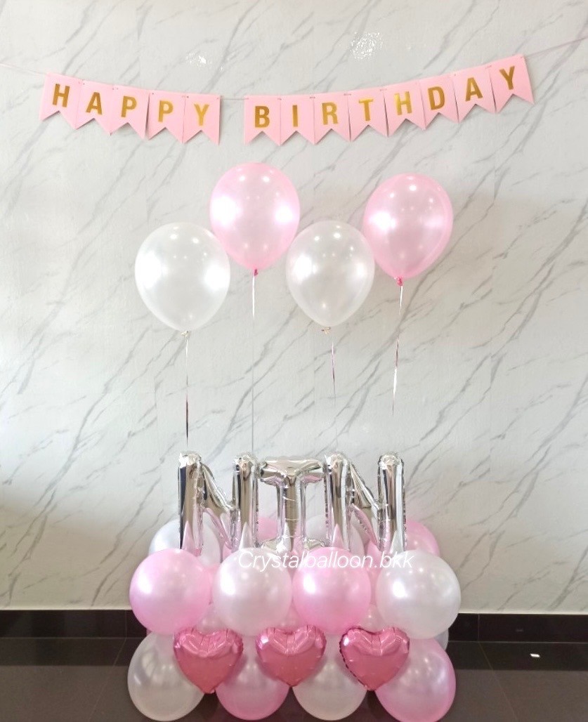 ลูกโป่ง วันเกิด Surprised ท้ายรถ Theme สีชมพู พร้อม ตัวอักษร ขนาด 16" 3 ตัวอักษร,ลูกโป่ง 4 ลูก พร้อมตกแต่ง ป้ายธง Happy Birthday สามารถเปลี่ยนสีลูกโป่ง/เปลี่ยนสี-ฟอยล์ตัวอักษรได้