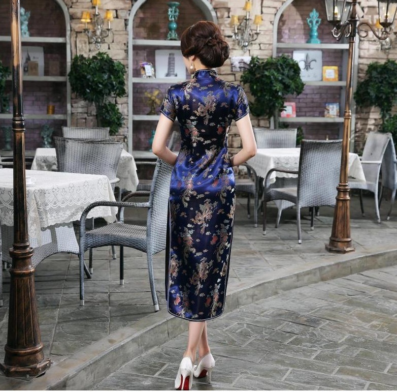 Pre-order กี่เพ้า สีน้ำเงิน ลายมังกรนกฟินิกซ์ ผ้าไหมจีน กุ๊นขอบ ตัดเย็บอย่างดี