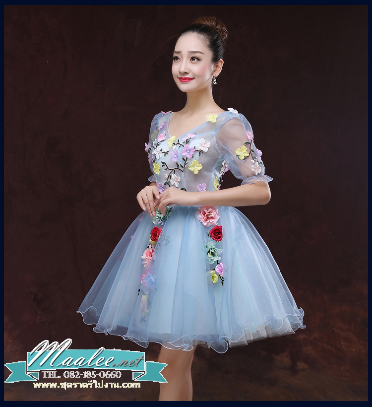 พร้อมเช่า ชุดแฟนซีสั้น สีฟ้า แขนยาว แต่งดอก Fairy สไตล์เจ้าหญิง กระโปรงพองสวยชายย้วย เชือกผูกหลัง