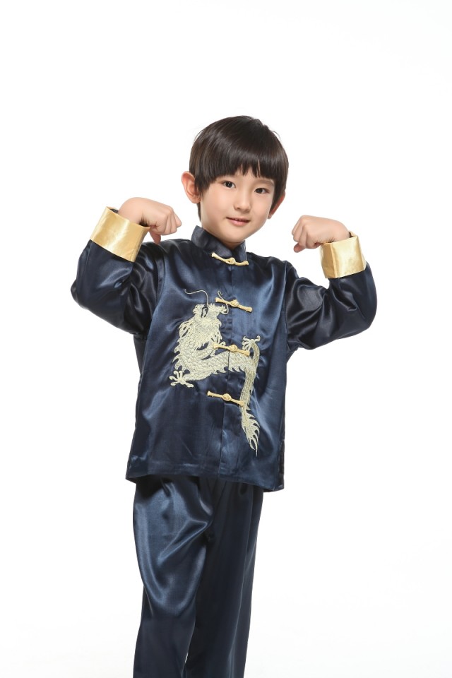 พร้อมเช่า ชุดจีนชายเด็ก เสื้อคอจีน ผ้าไหมจีน สีกรม ปักลายมังกร (เฉพาะ 1 ขวบ)