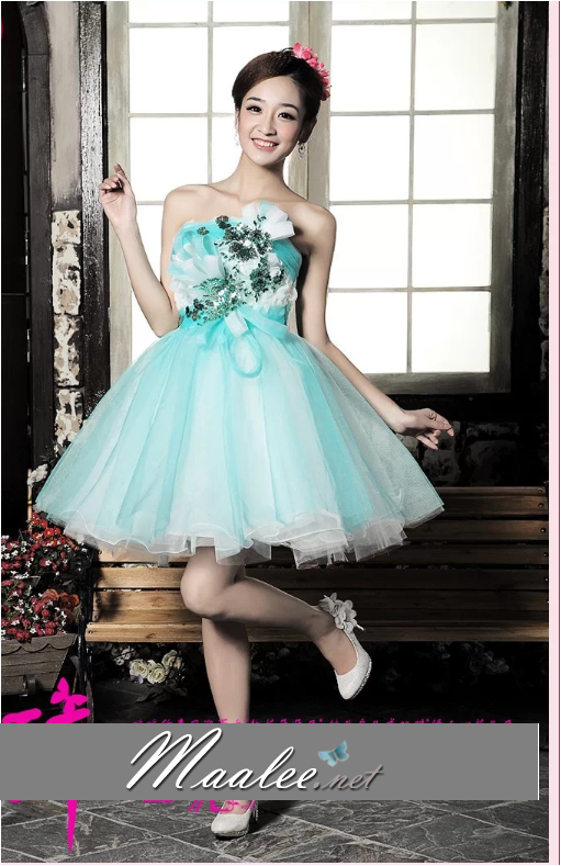 พร้อมเช่า ชุดแฟนซี เช่า 500 ชุดราตรีสั้น เกาะอก สีฟ้า ช่วงอกแต่งดอกเก๋มาก น่ารักฟรุ้งฟริ้ง