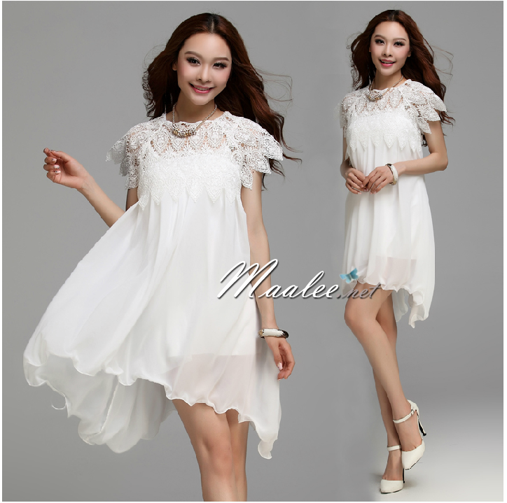 พร้อมส่ง ชุดเดรสสั้น ลูกไม้สีขาว ผ้าชีฟองชายย้วย ทรงผีเสื้อ (ฟรีไซส์)