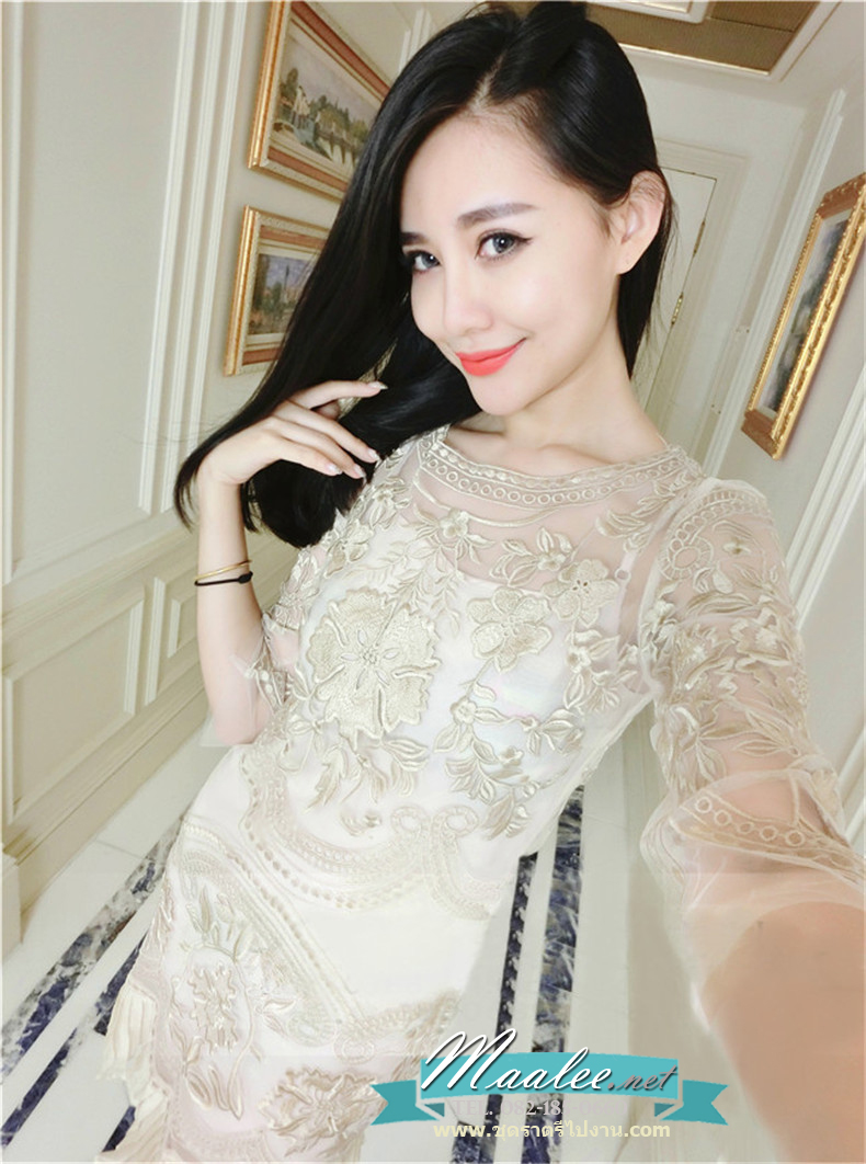 พร้อมส่ง ชุดราตรีสั้น/แขนยาว สี Apricot ลูกไม้ทั้งชุด กระโปรงอัดพลีท (เหลือเฉพาะไซส์ XL)