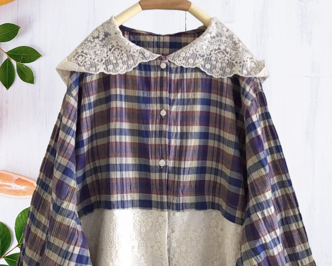 เสื้อ/เสื้อคลุมผ้าฝ้ายลายสก็อตแต่งฮู้ดผ้าลูกไม้