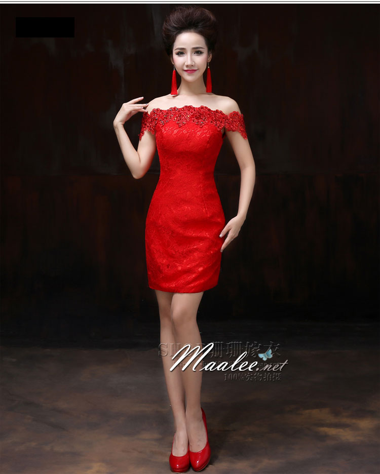 พร้อมส่ง ชุดราตรีสั้น แบบปาดไหล่เซ็กซี่ เข้ารูป สีแดง ผ้าลูกไม้ แต่งเลื่อมสุดหรู (เชือกผูกหลัง)