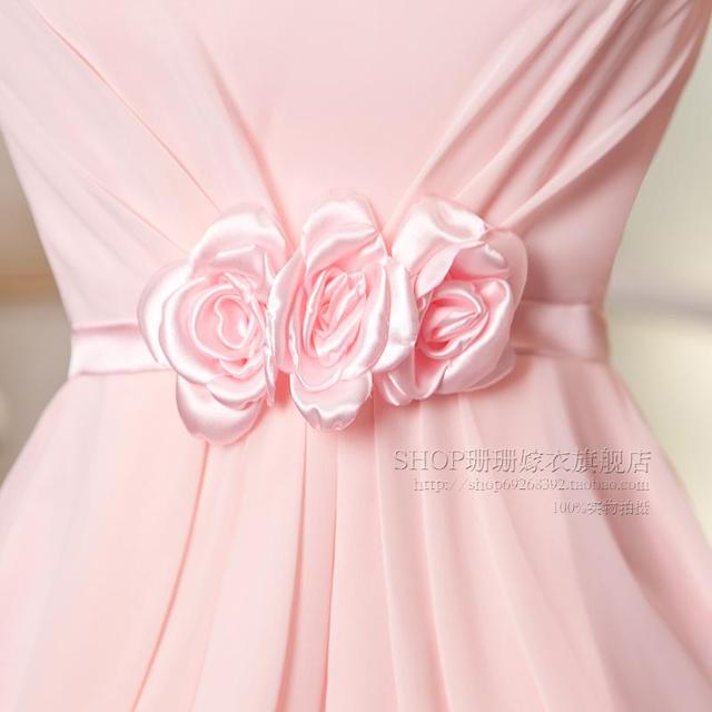 พร้อมส่ง ชุดราตรีสั้น สีชมพูหวาน แขนตุ๊กตามีโบว์ ผ้าชีฟอง แบบสวยหวาน เพิ่มดอกช่วงเอว (เชือกผูกหลัง)