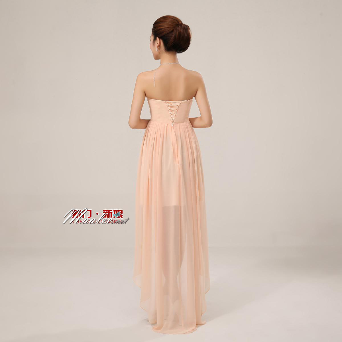 พร้อมส่ง ชุดราตรีสั้น เกาะอก หน้าสั้นหลังยาว สีฟ้าอ่อน อัดพลีตหน้าอก คาดเอวคริสตัล