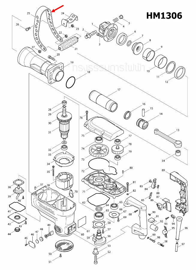 SIDE HANDLE สกัด เจาะพื้น Makita มากีต้า HM1305, HM1306 [#25] Pn.345473-3 (แท้) ##