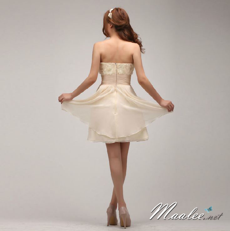 พร้อมส่ง ชุดราตรีสั้น เกาะอก สีครีม Champagne กระโปรงสองชั้น แต่งลูกไม้