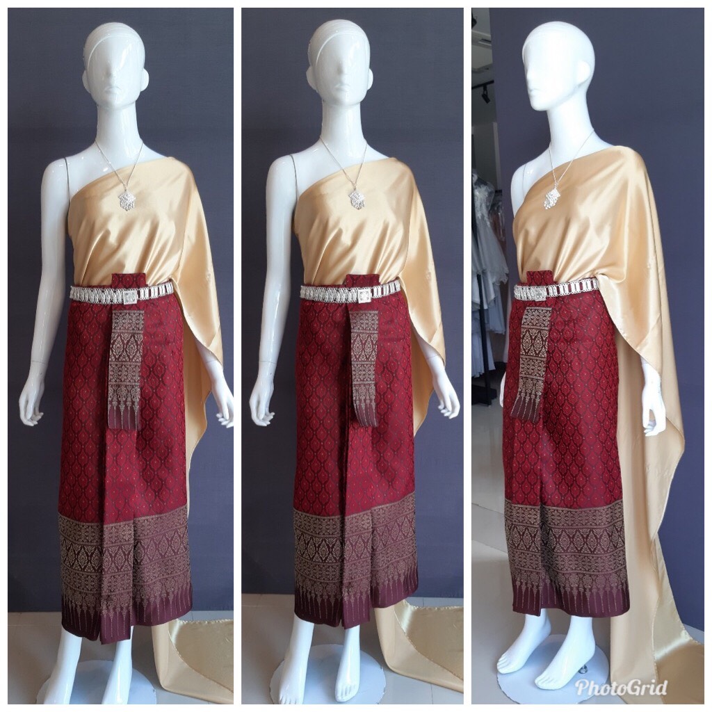 เช่า ชุดไทย ชุดเพื่อนเจ้าสาว ชุดไทยผ้าถุงสีแดง สไบเรียบสีทอง