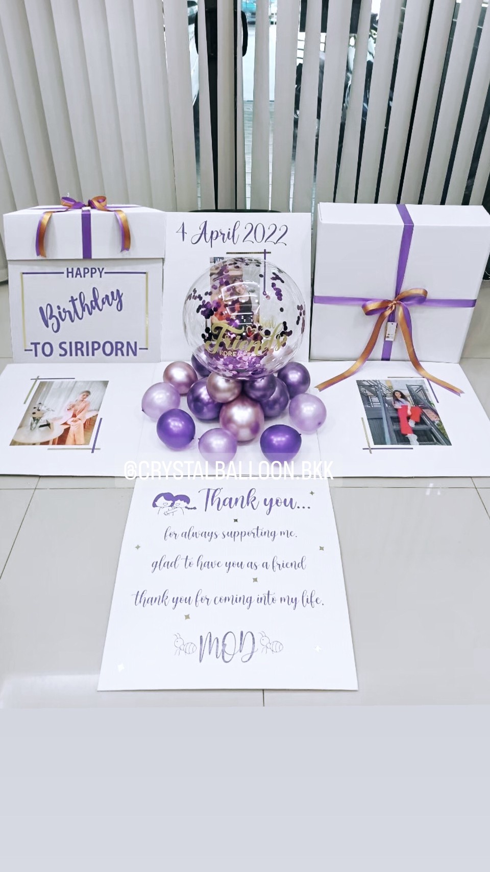 Happy Birthday Surprise Box กล่องเซอร์ไพรส์วันเกิด Bubble ขนาด 18" ตั้งฐาน Theme สีม่วง พร้อมตกแต่ง สามารถใส่รูปได้ 3 ใบ สามารถเปลี่ยนสีลูกโป่ง/เปลี่ยนข้อความได้