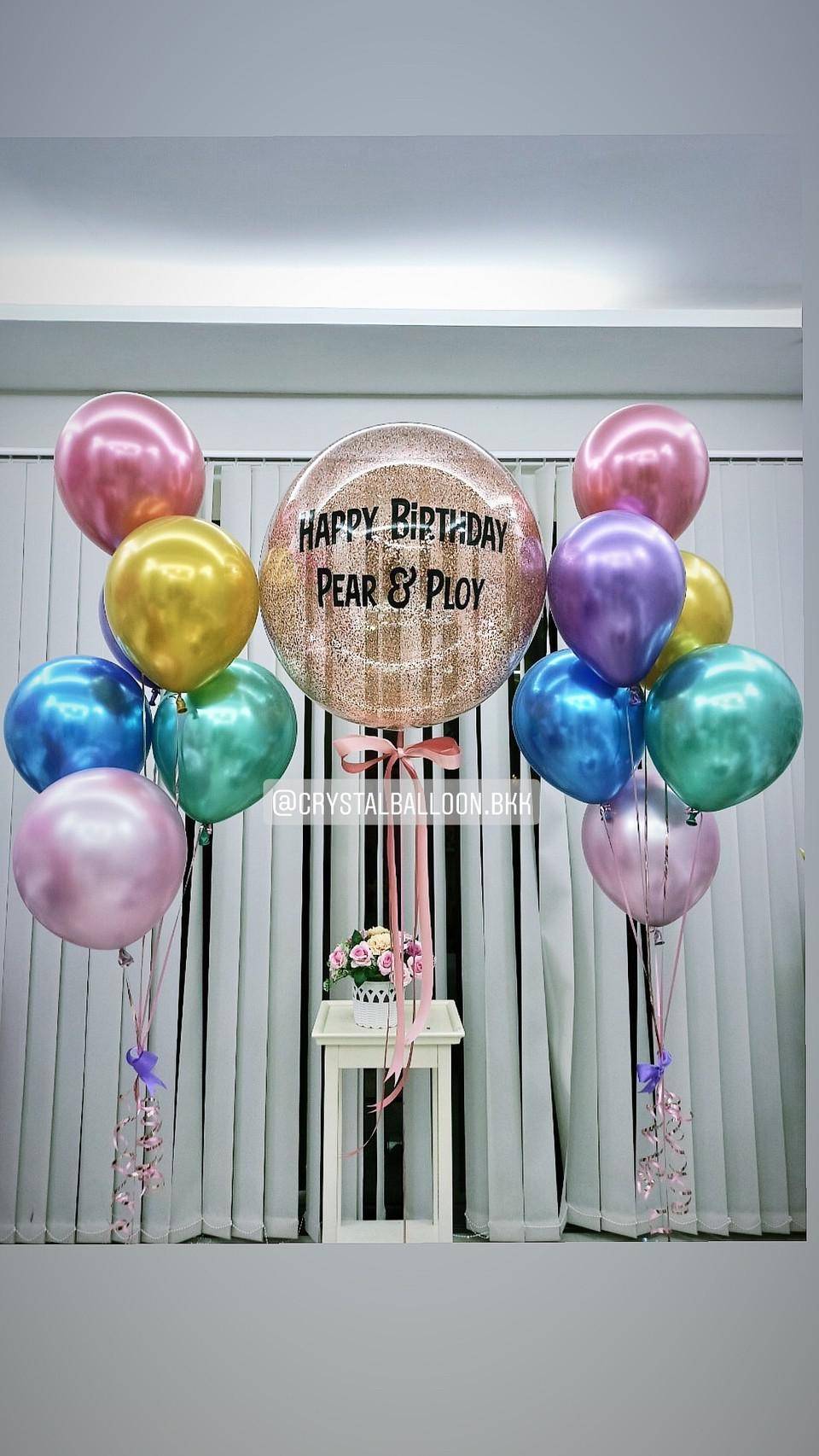 ลูกโป่ง วันเกิด Bubble ขนาด 24" สีโรสโกล พร้อมตกแต่ง ช่อลูกโป่งโครเมี่ยม 6 ลูก 2 ช่อ สามารถเปลี่ยนสีลูกโป่ง/เปลี่ยนข้อความ/เปลี่ยนขนาดได้