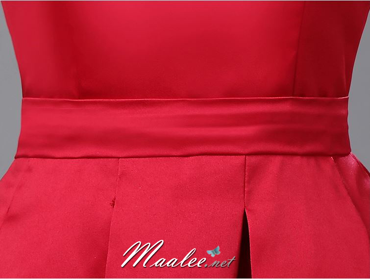 พร้อมส่ง ชุดราตรีสั้น ปาดไหล่ แขนสั้น ผ้าซาติน คอเว้า Sweet heart กระโปรงจับจีบ สวยหรู สีครีม Champagne (ซิปหลัง)