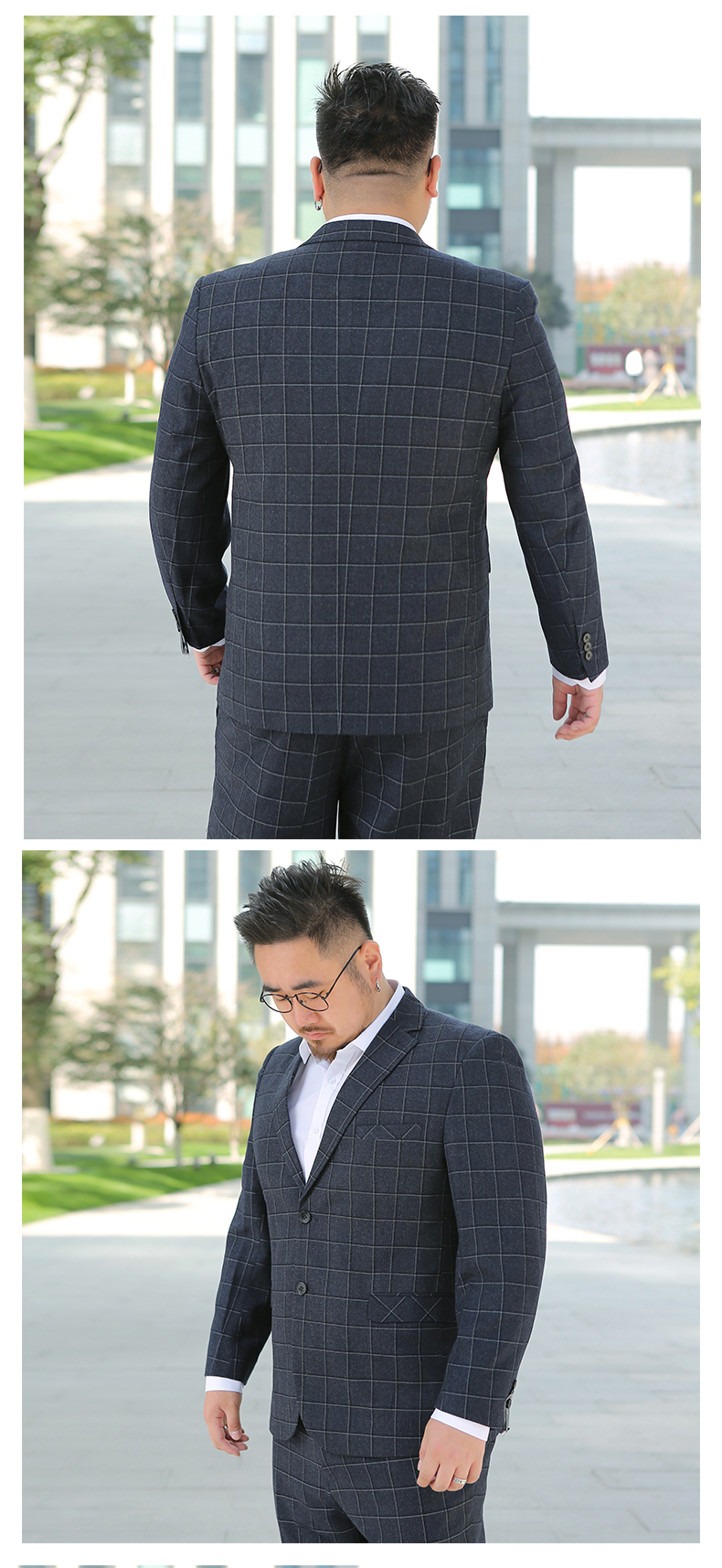 Pre-order ชุดสูทชาย พลัสไซส์ ลายตารางสีกรมท่า