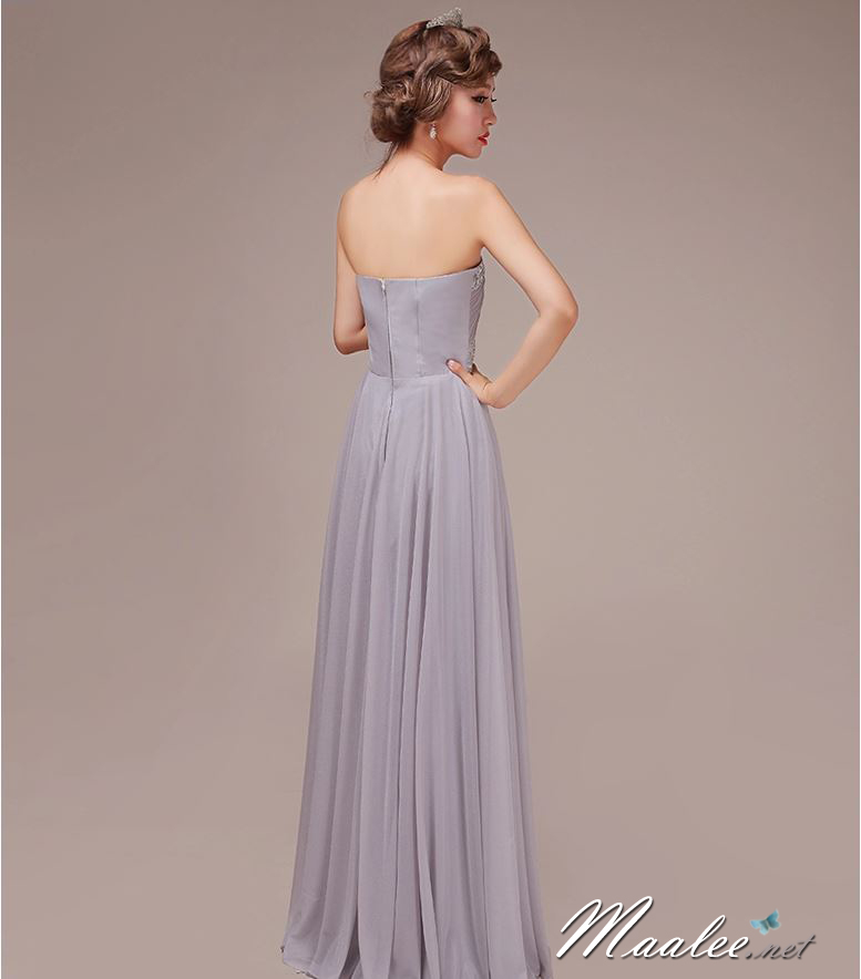 พร้อมส่ง ชุดราตรียาว เกาะอก แต่งเพชรหรู สีเทา