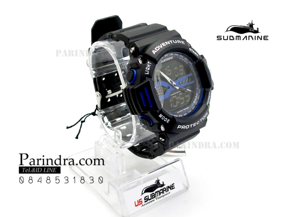 นาฬิกา US submarine รุ่น TP3164M สีดำตัดน้ำเงิน พื้นหลังดำ
