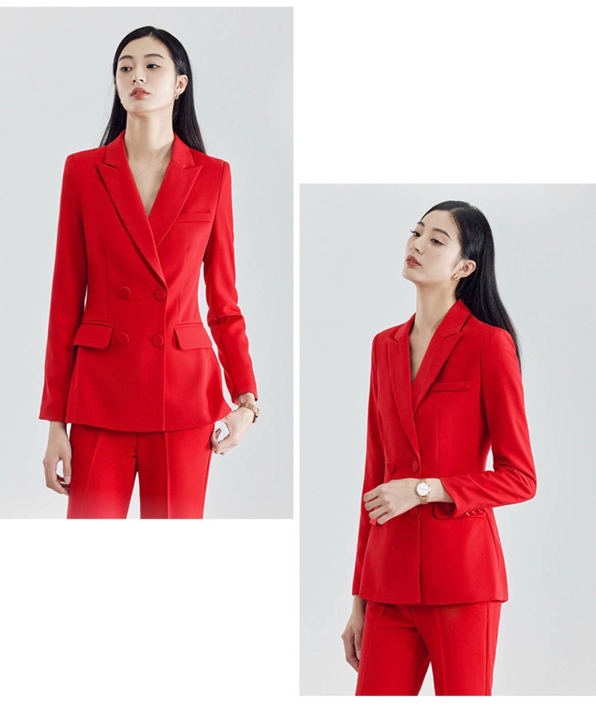 พร้อมเช่า สูทหญิง สูทสีแดงสด ทรงเข้ารูป สูทแฟชั่น สูท4 กระดุม