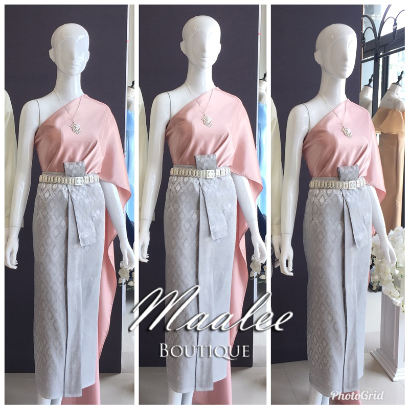 เช่า ชุดไทย ชุดเพื่อนเจ้าสาว ชุดไทยผ้าถุงสีเทาเงิน สไบเรียบ สีชมพูโรสโกล