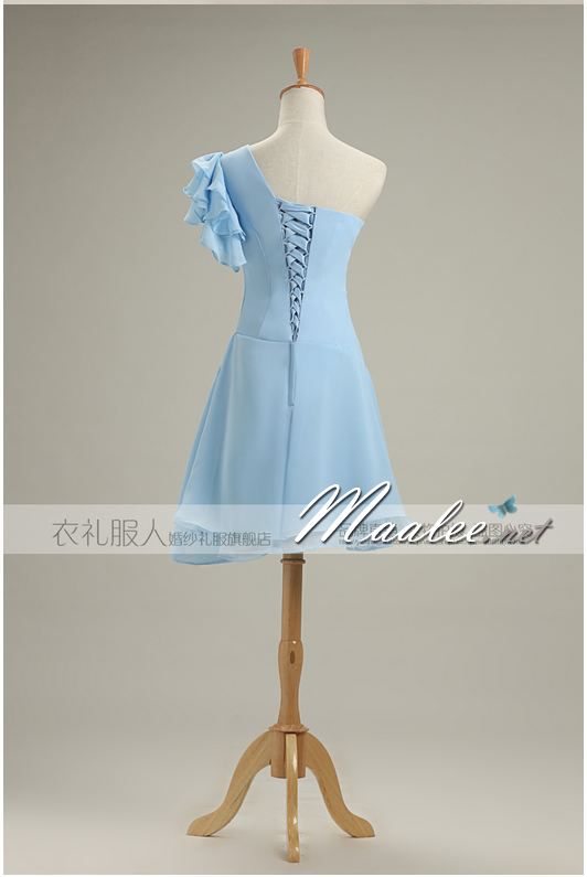 พร้อมเช่า ชุดราตรีสั้น สีฟ้าอ่อน ชุดเพื่อนเจ้าสาว Blue-001F