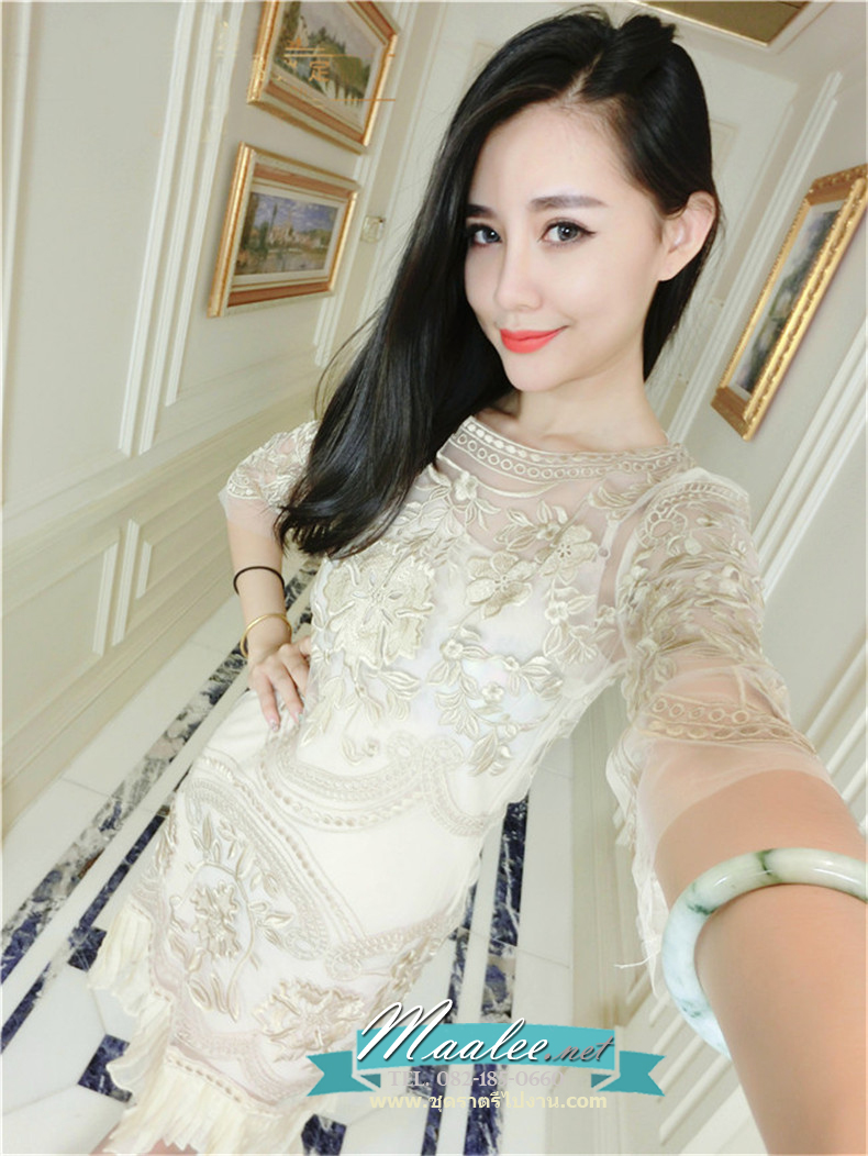 พร้อมส่ง ชุดราตรีสั้น/แขนยาว สี Apricot ลูกไม้ทั้งชุด กระโปรงอัดพลีท (เหลือเฉพาะไซส์ XL)