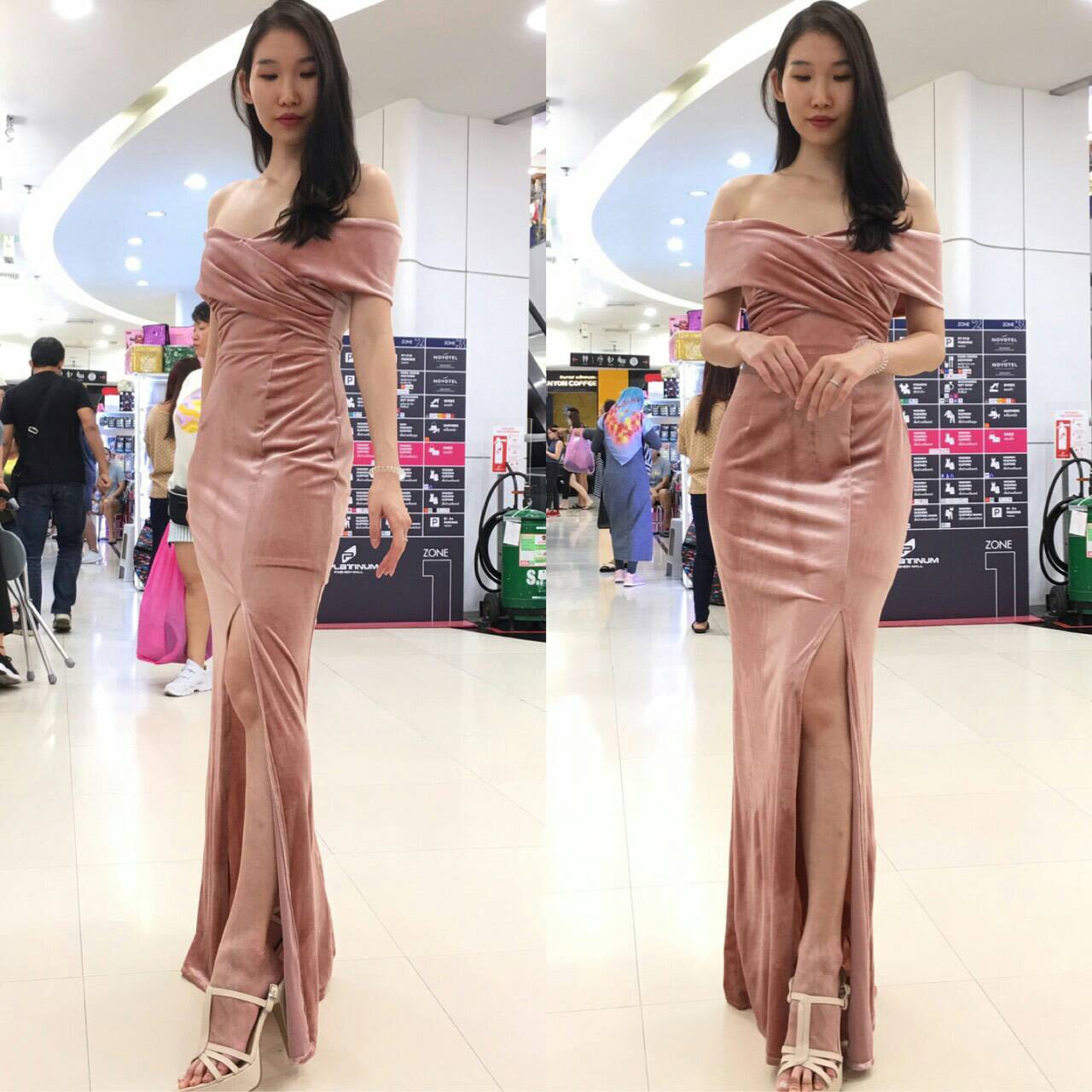 พร้อมเช่า ชุดเดรสยาว ราตรียาว เดรสไปล่ปาด ผ้ากำมะหยี่ แหวกหน้าขา สีชมพู Nude