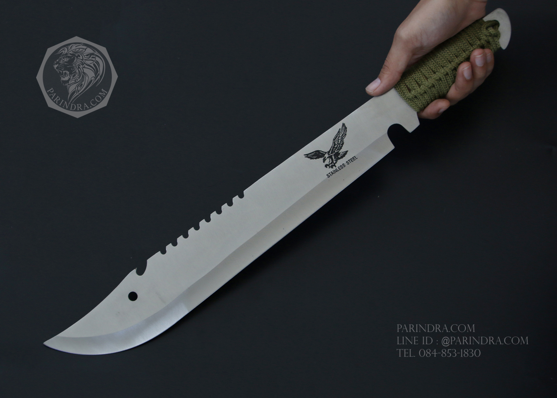 มีดยาวเดินป่า Hawk สปาร์ต้า ปลายแหลม ขนาด 19.5 นิ้ว ด้ามเชือกถักสีเขียว