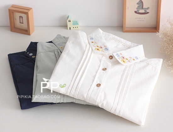 เสื้อเชิ้ตผ้าฝ้ายนุ่มปักลายที่ปก