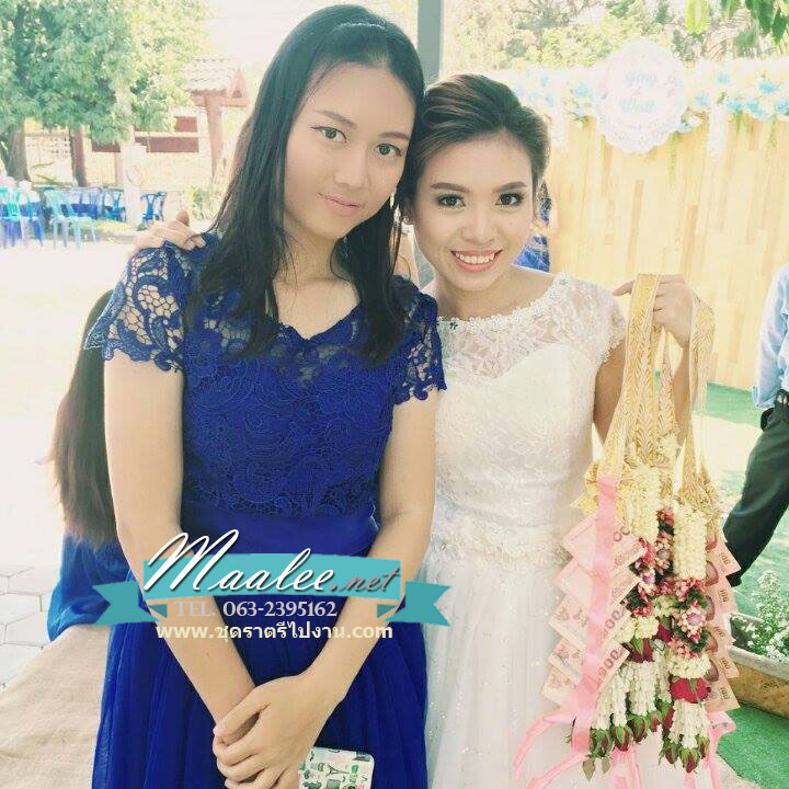 พร้อมเช่า ชุดราตรีสั้น เพื่อนเจ้าสาว แบบ A แขนสั้น ลูกไม้ ผ้าคาดเอวซาติน (ซิปหลัง)