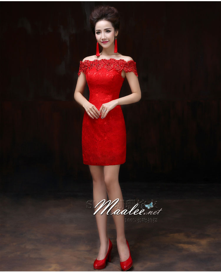 พร้อมส่ง ชุดราตรีสั้น แบบปาดไหล่เซ็กซี่ เข้ารูป สีแดง ผ้าลูกไม้ แต่งเลื่อมสุดหรู (เชือกผูกหลัง)