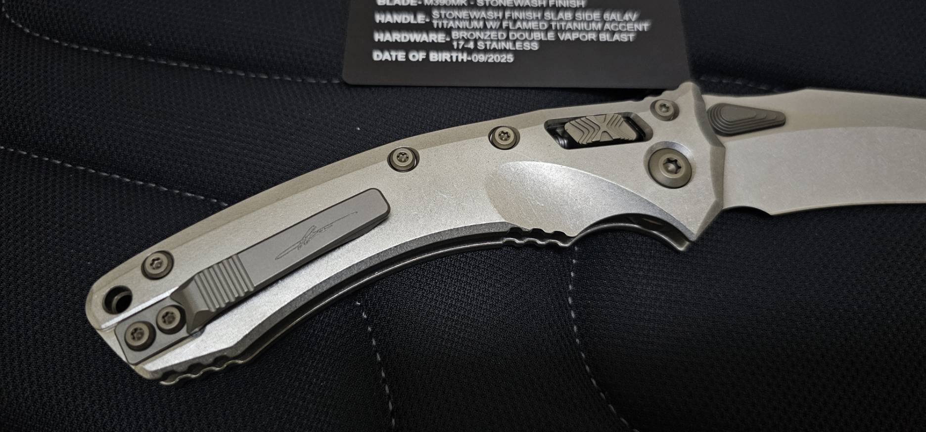 Microtech Marfione Select Amphibian RAM-LOK Manual Folding Knife 3.875" Bohler M390MK Stonewashed Clip Point Plain Blade and Slab Titanium Handles, Flamed Titanium Accents, AXIS/Crossbar Lock