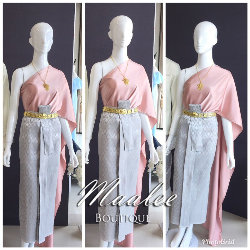 เช่า ชุดไทย ชุดเพื่อนเจ้าสาว ชุดไทยผ้าถุงสีเทาเงิน สไบเรียบ สีชมพูโรสโกล